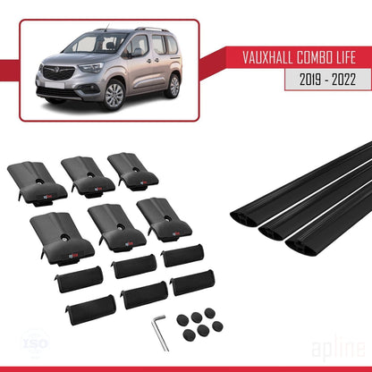 Compatible with Vauxhall Combo E Life 2019-2022 FLY Model Car Roof Rack Cross Bar Black Aluminium 3 Bars
