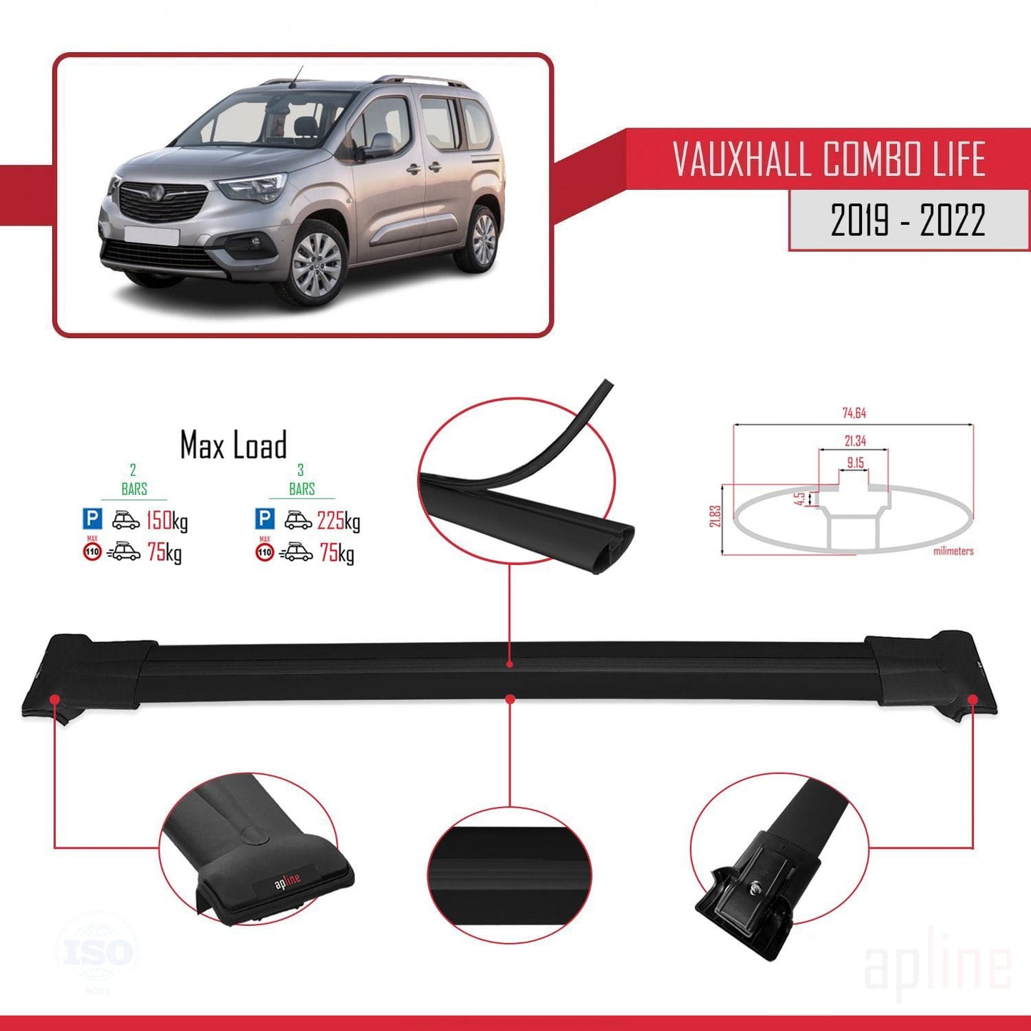 Compatible with Vauxhall Combo E Life 2019-2022 FLY Model Car Roof Rack Cross Bar Black Aluminium 2 Bars