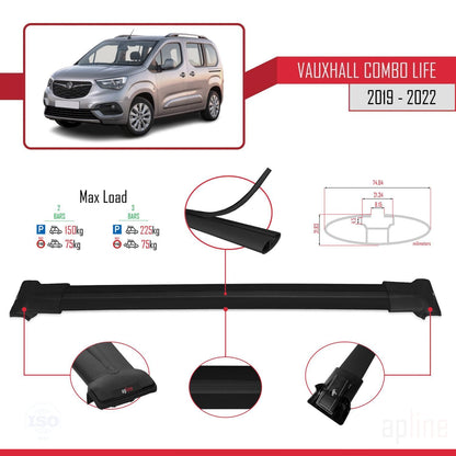 Compatible with Vauxhall Combo E Life 2019-2022 FLY Model Car Roof Rack Cross Bar Black Aluminium 2 Bars