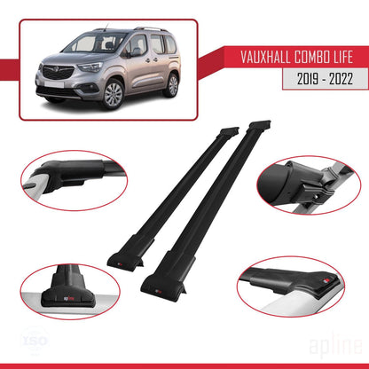 Compatible with Vauxhall Combo E Life 2019-2022 FLY Model Car Roof Rack Cross Bar Black Aluminium 2 Bars