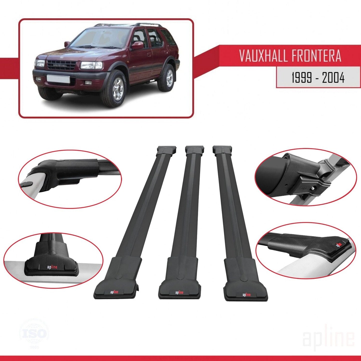 Compatible with Vauxhall Frontera 2 1999-2004 FLY Model Car Roof Rack Cross Bar Black Aluminium 3 Bars