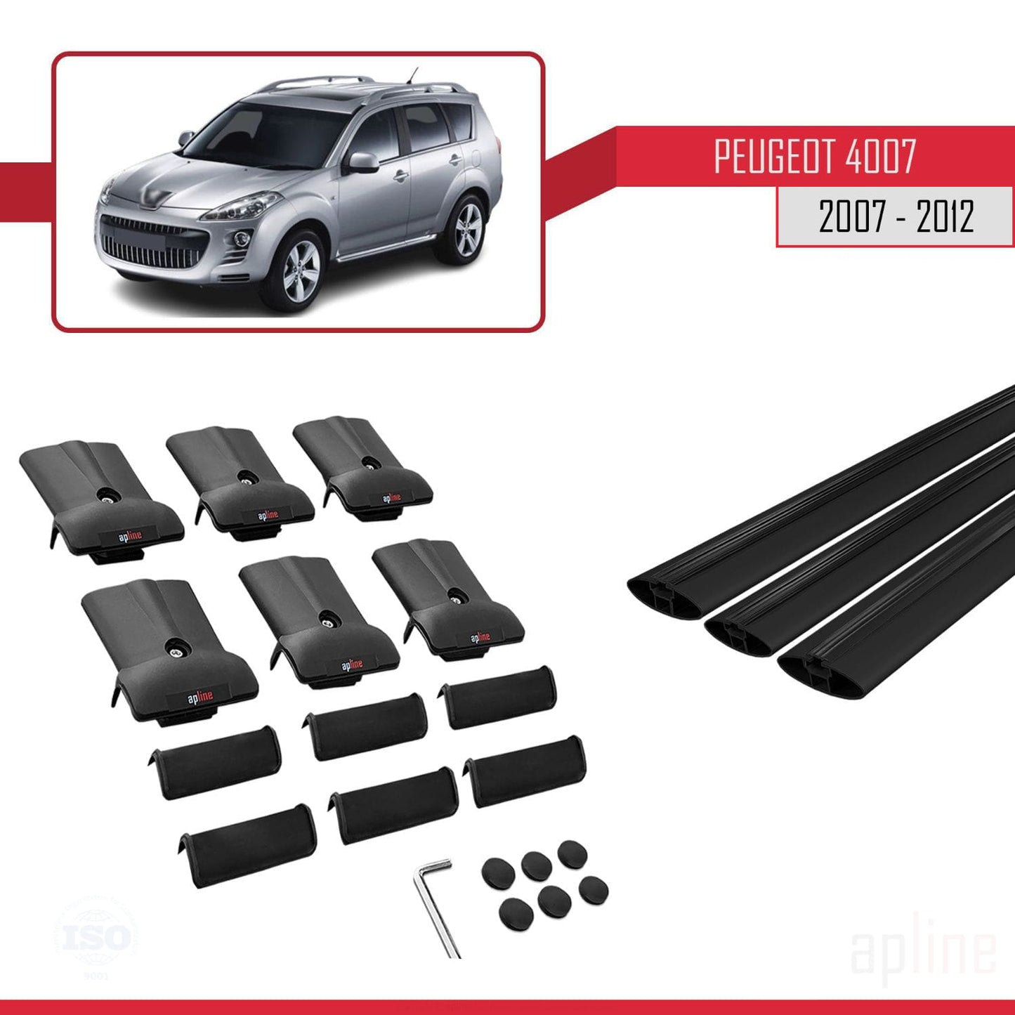 Compatible with Peugeot 4007 2007-2012 FLY Model Car Roof Rack Cross Bar Black Aluminium 3 Bars