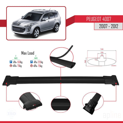 Compatible with Peugeot 4007 2007-2012 FLY Model Car Roof Rack Cross Bar Black Aluminium 2 Bars