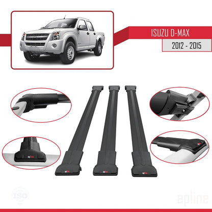 Compatible with Isuzu D-Max 2 (RT50) Pre-Facelift 2012-2015 FLY Model Car Roof Rack Cross Bar Black Aluminium 3 Bars