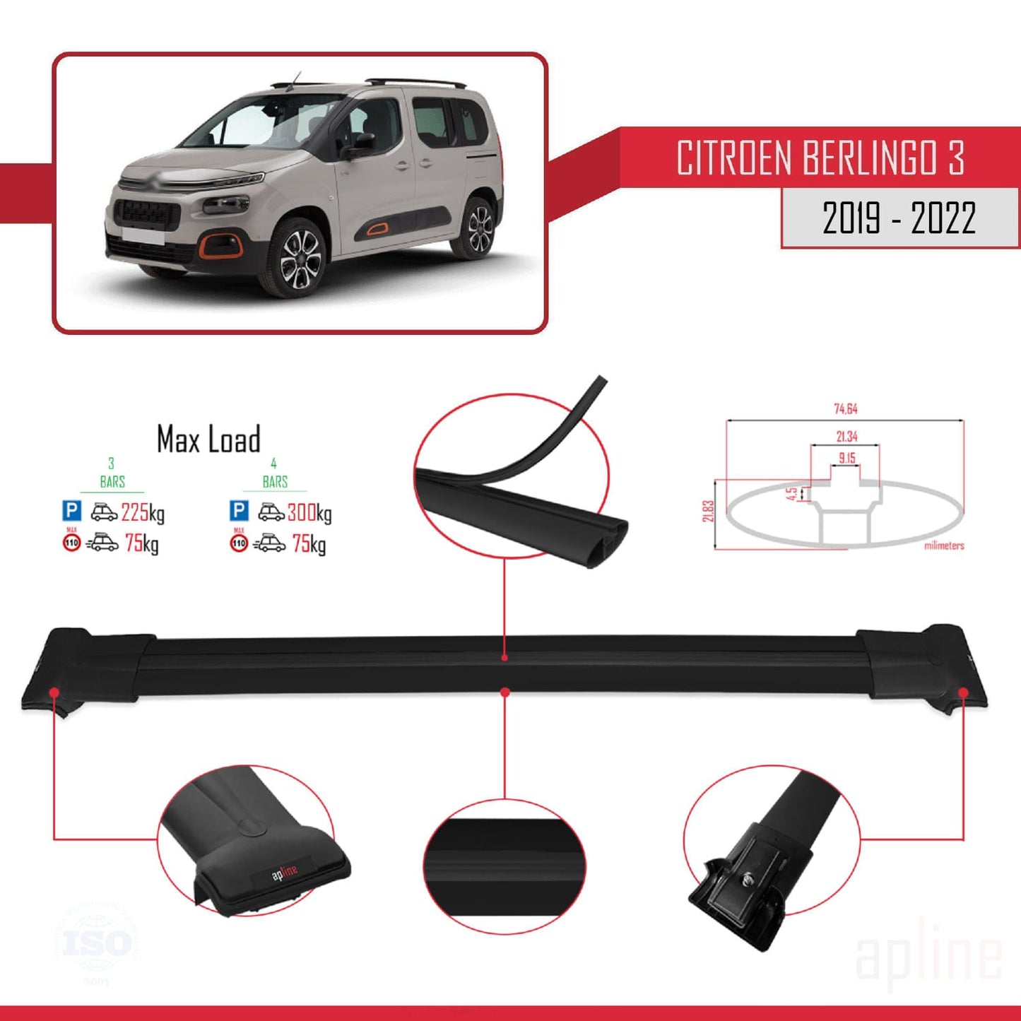 Compatible with Citroen Berlingo 3 (K9) 2019-2022 FLY Model Car Roof Rack Cross Bar Black Aluminium 3 Bars