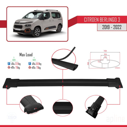 Compatible with Citroen Berlingo 3 (K9) 2019-2022 FLY Model Car Roof Rack Cross Bar Black Aluminium 3 Bars