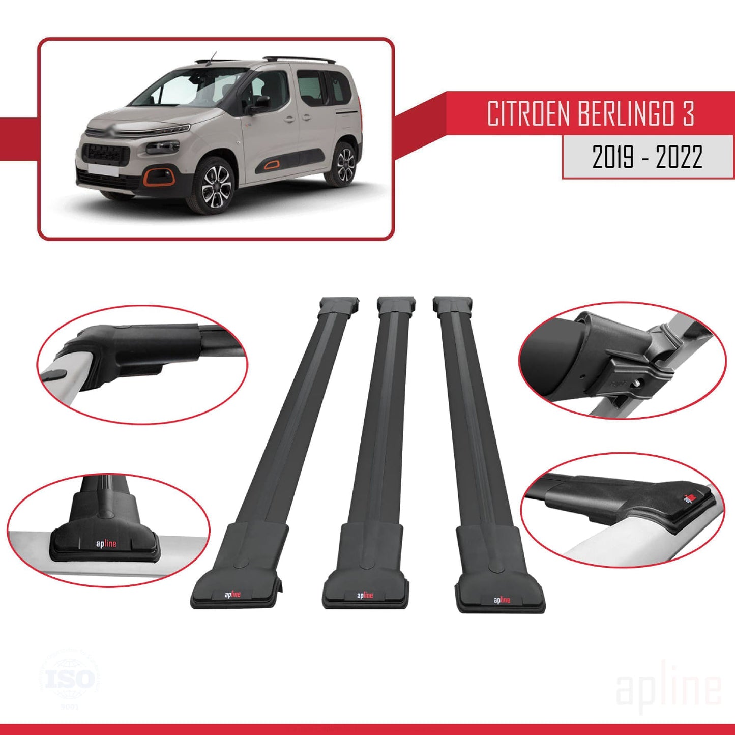 Compatible with Citroen Berlingo 3 (K9) 2019-2022 FLY Model Car Roof Rack Cross Bar Black Aluminium 3 Bars