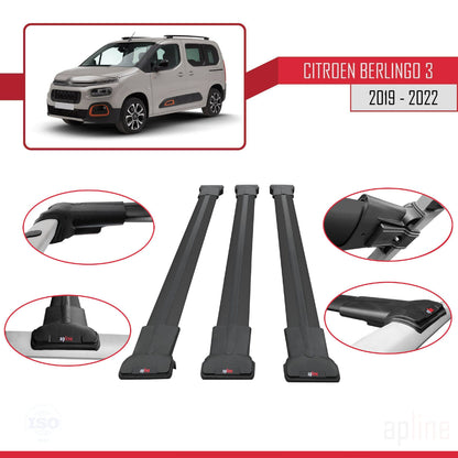 Compatible with Citroen Berlingo 3 (K9) 2019-2022 FLY Model Car Roof Rack Cross Bar Black Aluminium 3 Bars