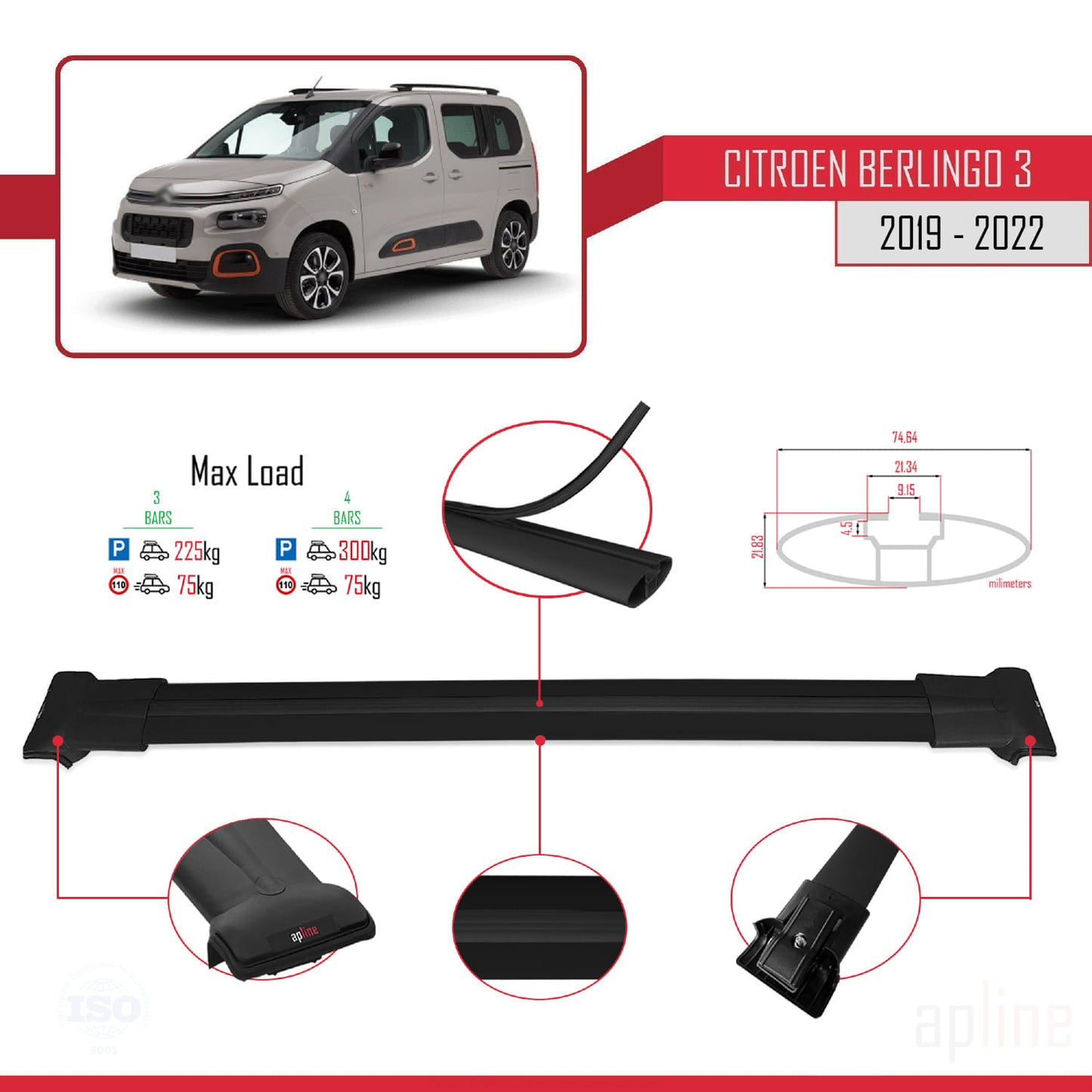 Compatible with Citroen Berlingo 3 (K9) 2019-2022 FLY Model Car Roof Rack Cross Bar Black Aluminium 4 Bars