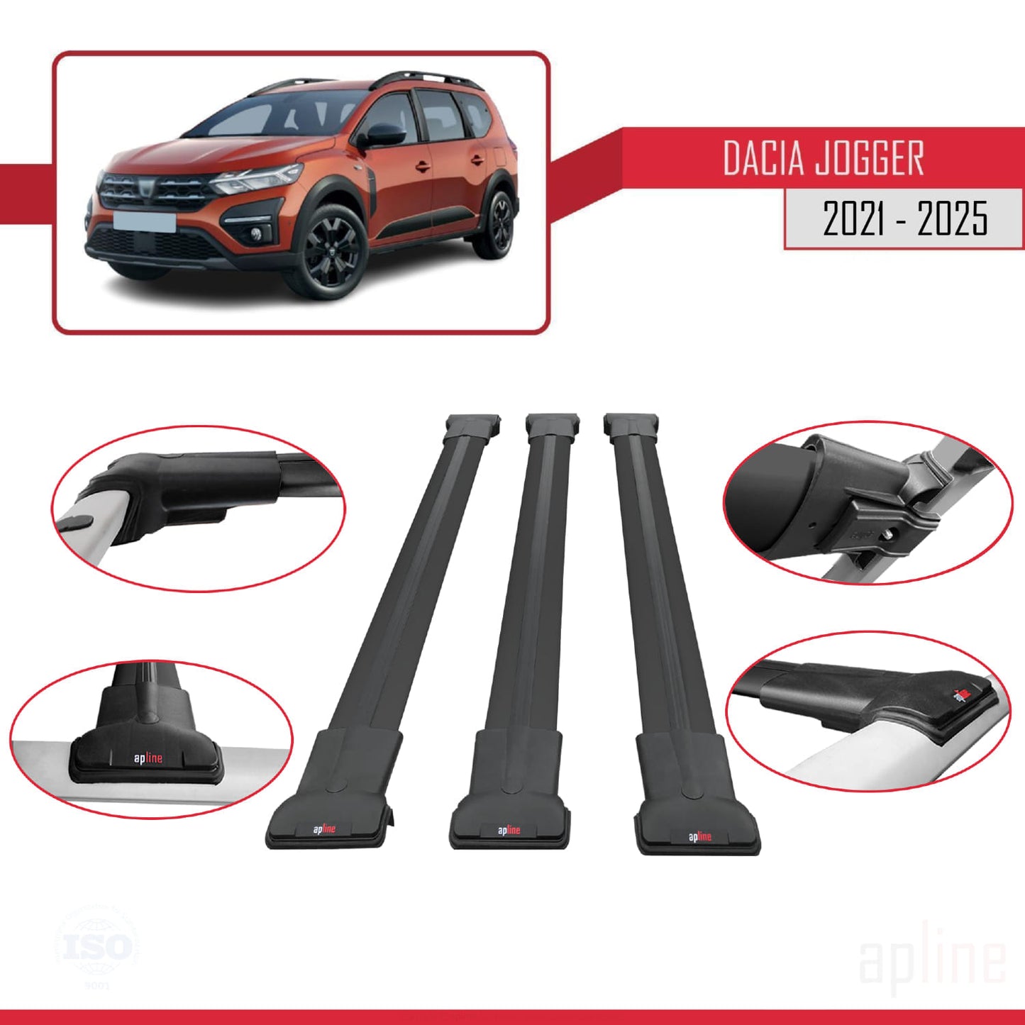 Compatible with Dacia Jogger 2021-2025 FLY Model Car Roof Rack Cross Bar Black Aluminium 3 Bars