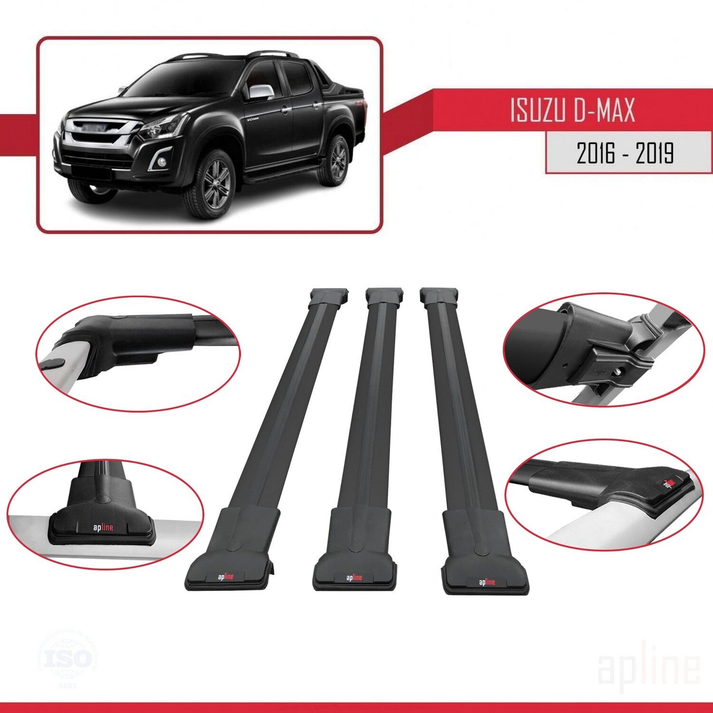Compatible with Isuzu D-Max 2 (RT85) Post-Facelift 2016-2019 FLY Model Car Roof Rack Cross Bar Black Aluminium 3 Bars