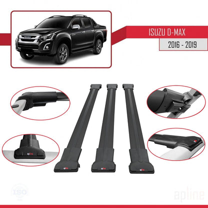 Compatible with Isuzu D-Max 2 (RT85) Post-Facelift 2016-2019 FLY Model Car Roof Rack Cross Bar Black Aluminium 3 Bars
