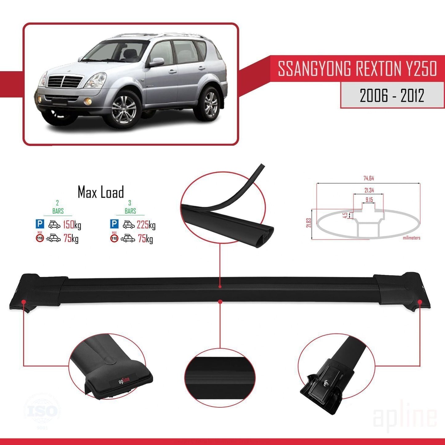 Compatible with Ssangyong Rexton (Y250) 2006-2012 FLY Model Car Roof Rack Cross Bar Black Aluminium 2 Bars