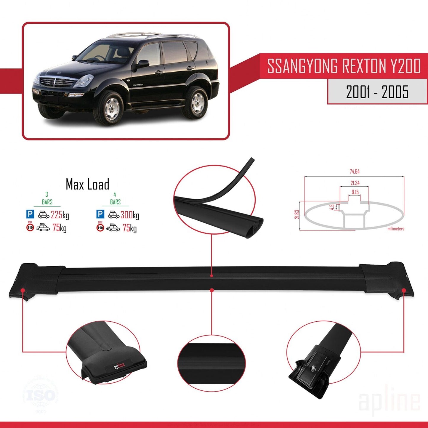 Compatible with Ssangyong Rexton (Y200) 2001-2005 FLY Model Car Roof Rack Cross Bar Black Aluminium 3 Bars