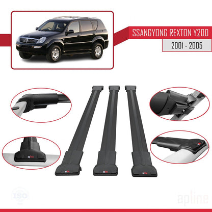 Compatible with Ssangyong Rexton (Y200) 2001-2005 FLY Model Car Roof Rack Cross Bar Black Aluminium 3 Bars