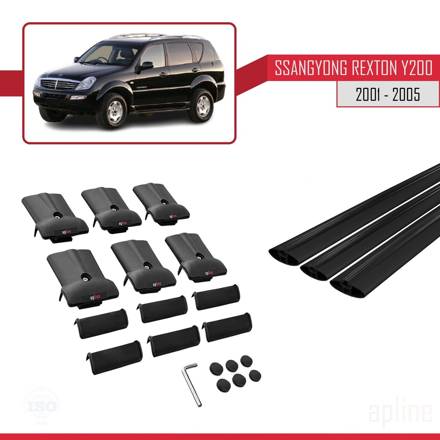 Compatible with Ssangyong Rexton (Y200) 2001-2005 FLY Model Car Roof Rack Cross Bar Black Aluminium 3 Bars