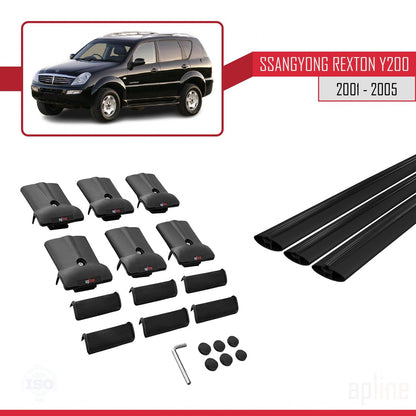 Compatible with Ssangyong Rexton (Y200) 2001-2005 FLY Model Car Roof Rack Cross Bar Black Aluminium 3 Bars