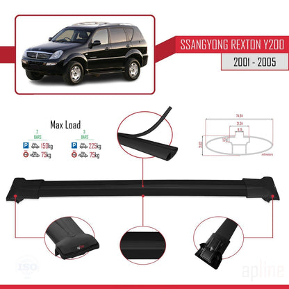 Compatible with Ssangyong Rexton (Y200) 2001-2005 FLY Model Car Roof Rack Cross Bar Black Aluminium 2 Bars