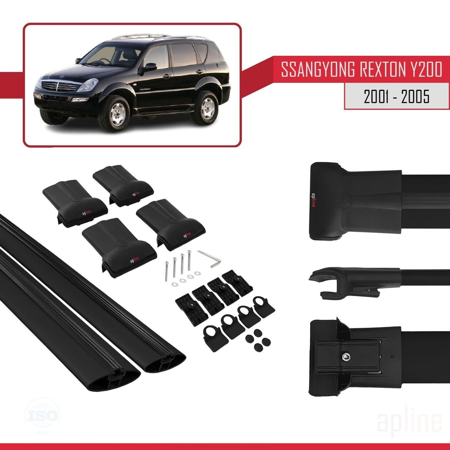 Compatible with Ssangyong Rexton (Y200) 2001-2005 FLY Model Car Roof Rack Cross Bar Black Aluminium 2 Bars
