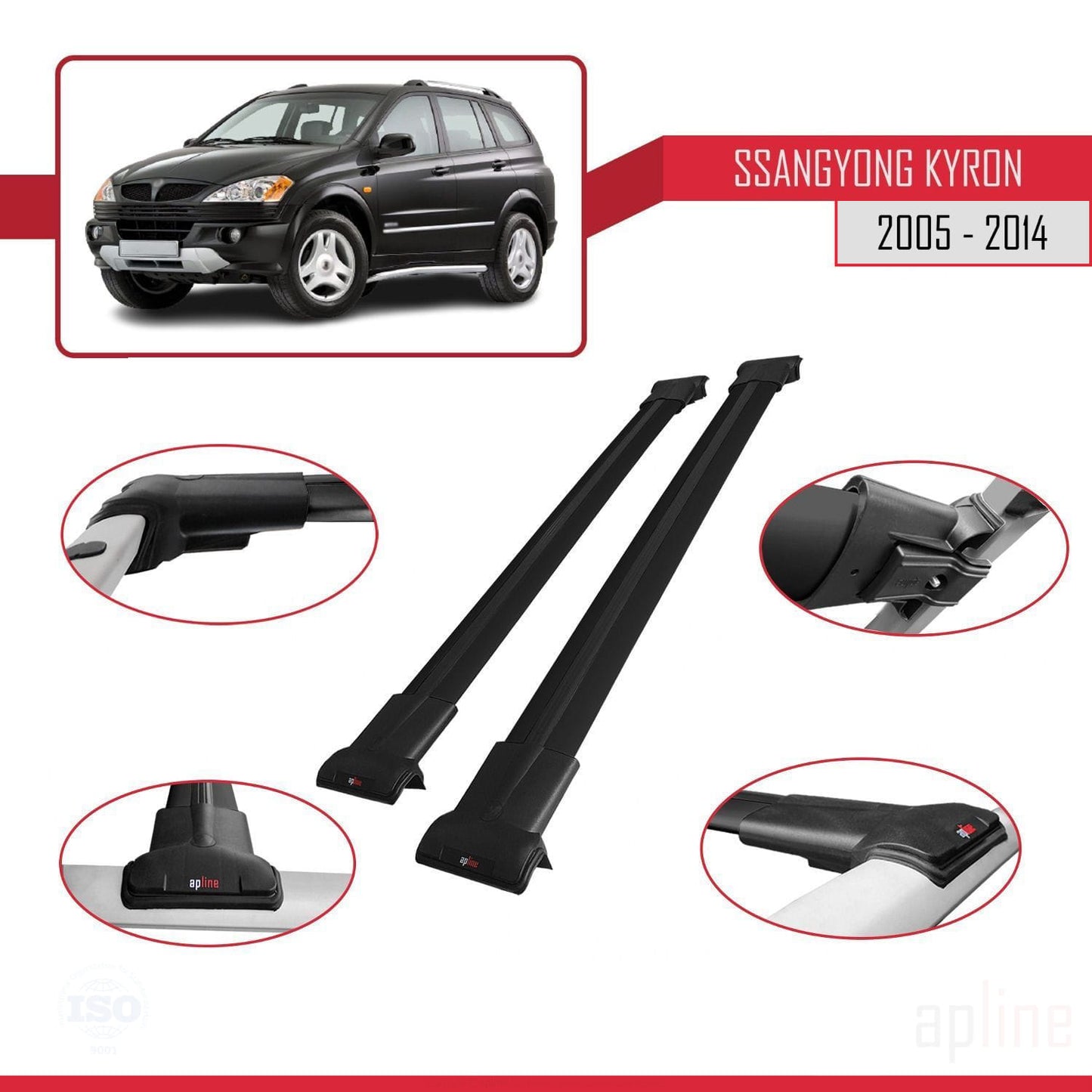 Compatible with Ssangyong Kyron 2005-2014 FLY Model Car Roof Rack Cross Bar Black Aluminium 2 Bars
