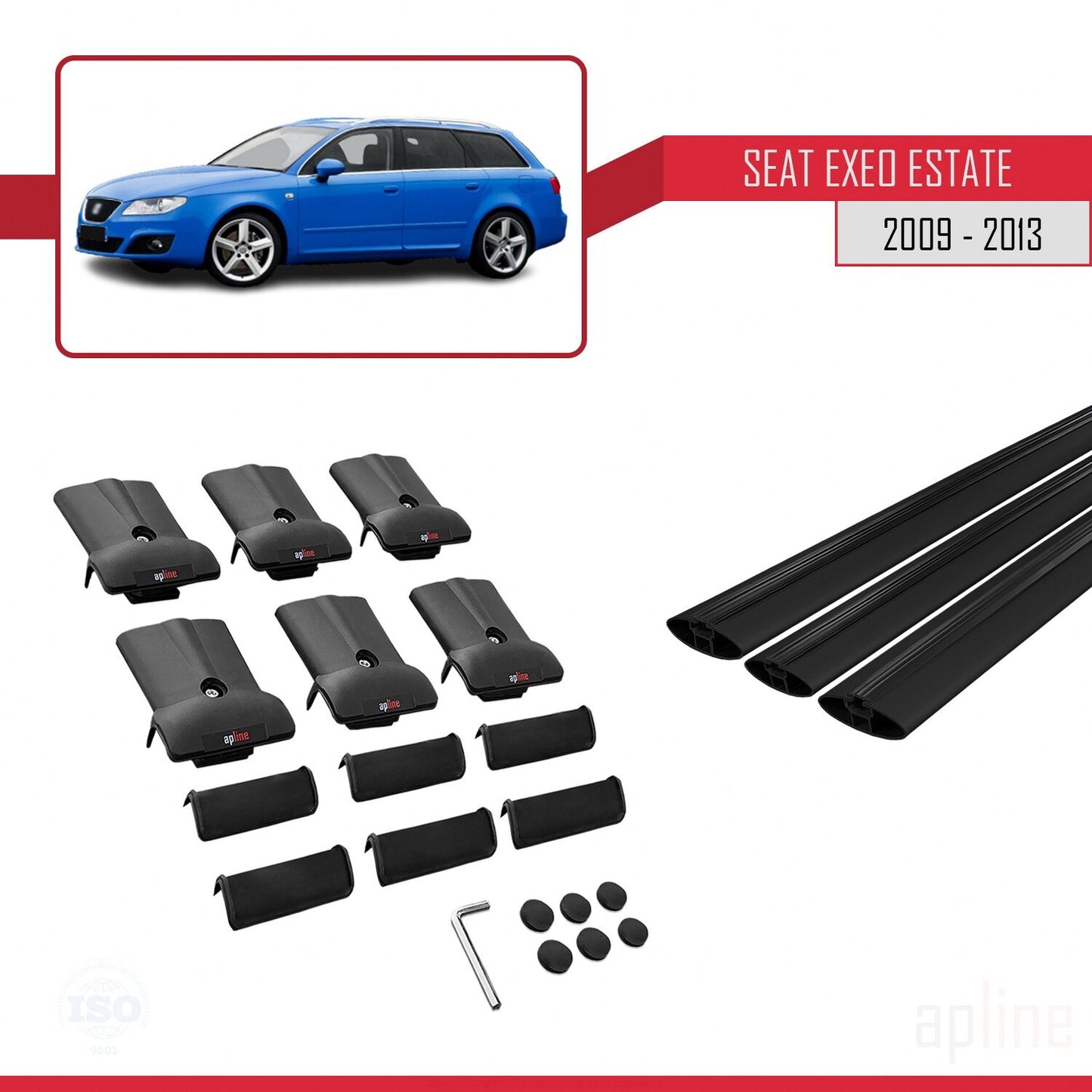 Compatible with Seat Exeo (3R9) ST 2009-2013 FLY Model Car Roof Rack Cross Bar Black Aluminium 3 Bars