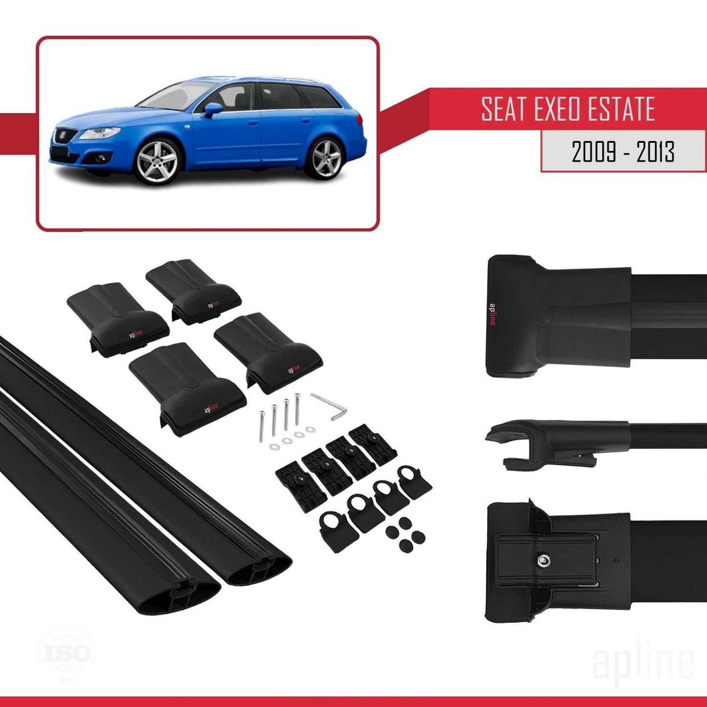 Compatible with Seat Exeo (3R9) ST 2009-2013 FLY Model Car Roof Rack Cross Bar Black Aluminium 2 Bars