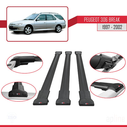 Compatible with Peugeot 306 SW 1997-2002 FLY Model Car Roof Rack Cross Bar Black Aluminium 3 Bars