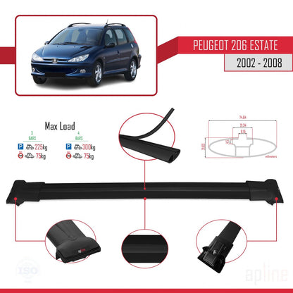 Compatible with Peugeot 206 SW 2002-2008 FLY Model Car Roof Rack Cross Bar Black Aluminium 3 Bars