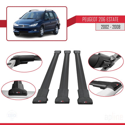 Compatible with Peugeot 206 SW 2002-2008 FLY Model Car Roof Rack Cross Bar Black Aluminium 3 Bars