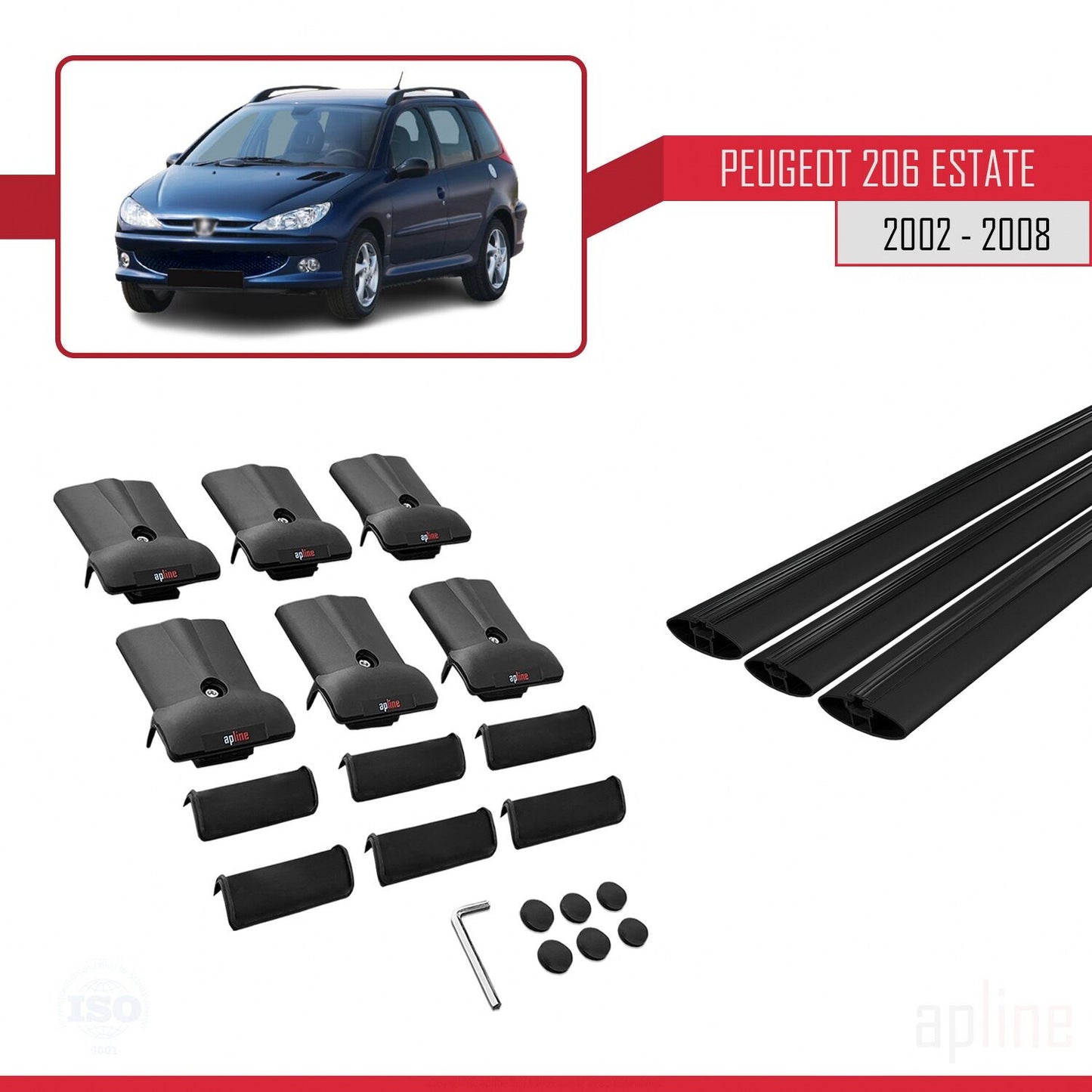 Compatible with Peugeot 206 SW 2002-2008 FLY Model Car Roof Rack Cross Bar Black Aluminium 3 Bars
