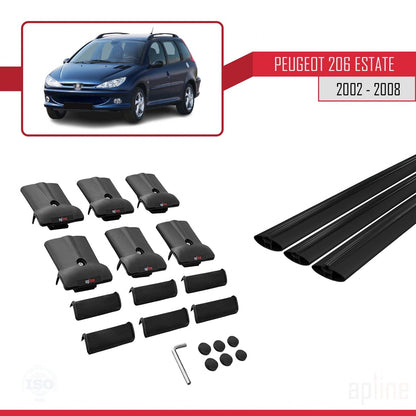 Compatible with Peugeot 206 SW 2002-2008 FLY Model Car Roof Rack Cross Bar Black Aluminium 3 Bars