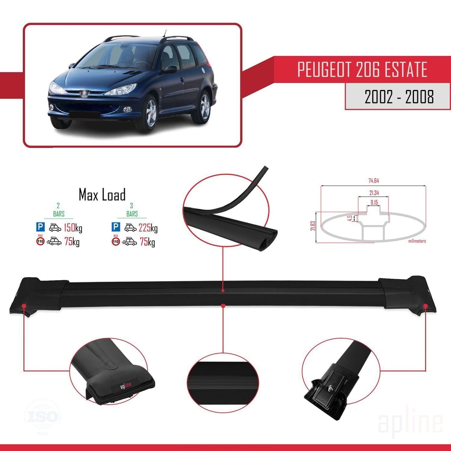 Compatible with Peugeot 206 SW 2002-2008 FLY Model Car Roof Rack Cross Bar Black Aluminium 2 Bars