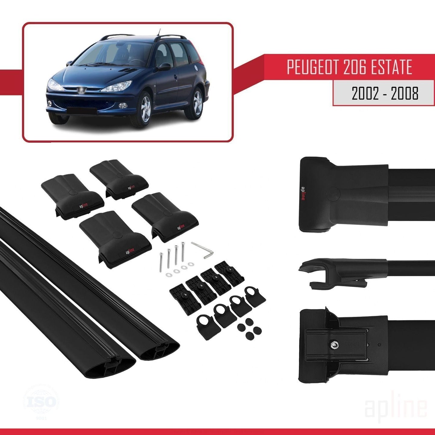 Compatible with Peugeot 206 SW 2002-2008 FLY Model Car Roof Rack Cross Bar Black Aluminium 2 Bars