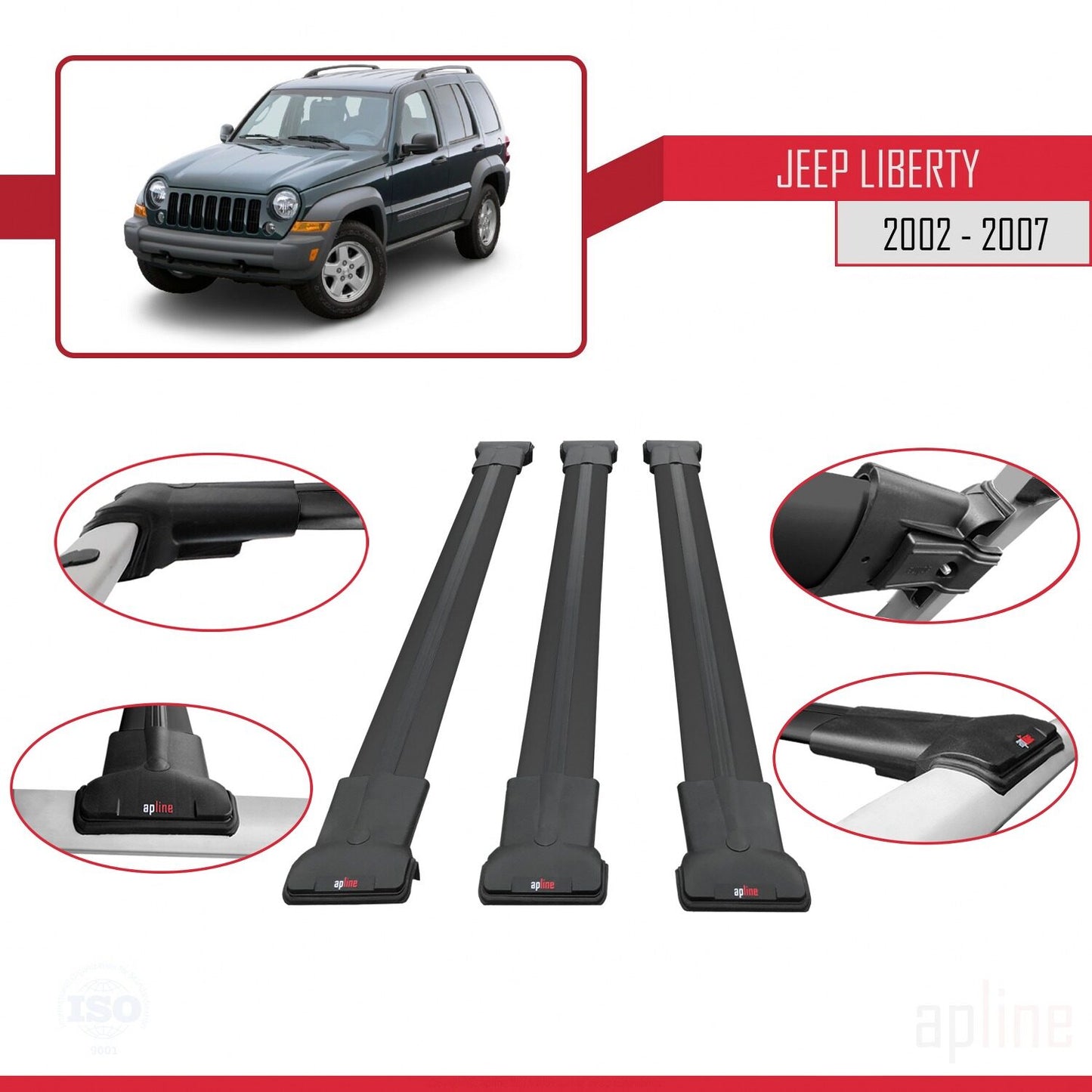 Compatible with Jeep Liberty 2002-2007 FLY Model Car Roof Rack Cross Bar Black Aluminium 3 Bars