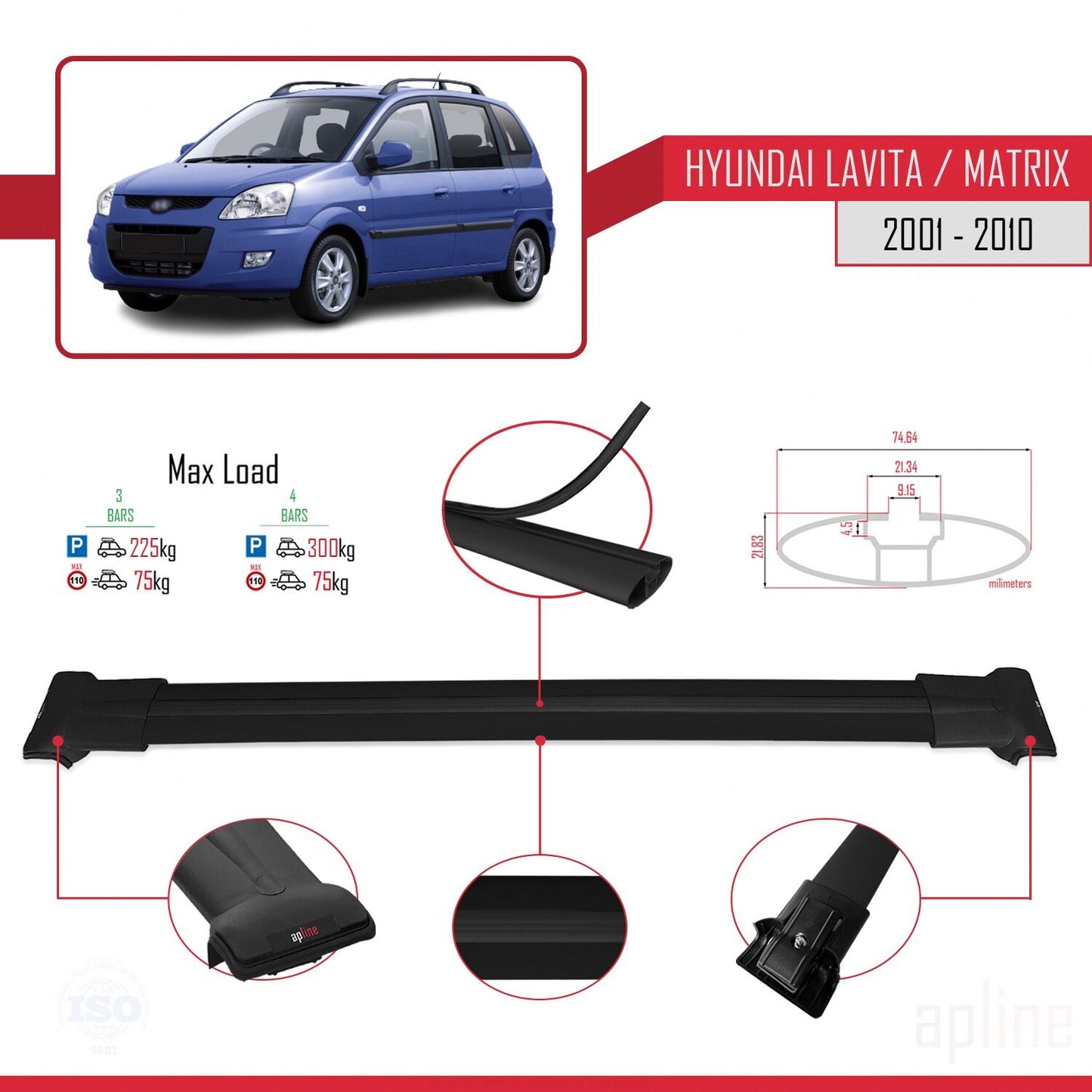 Compatible with Hyundai Matrix (FC) 2001-2010 FLY Model Car Roof Rack Cross Bar Black Aluminium 3 Bars