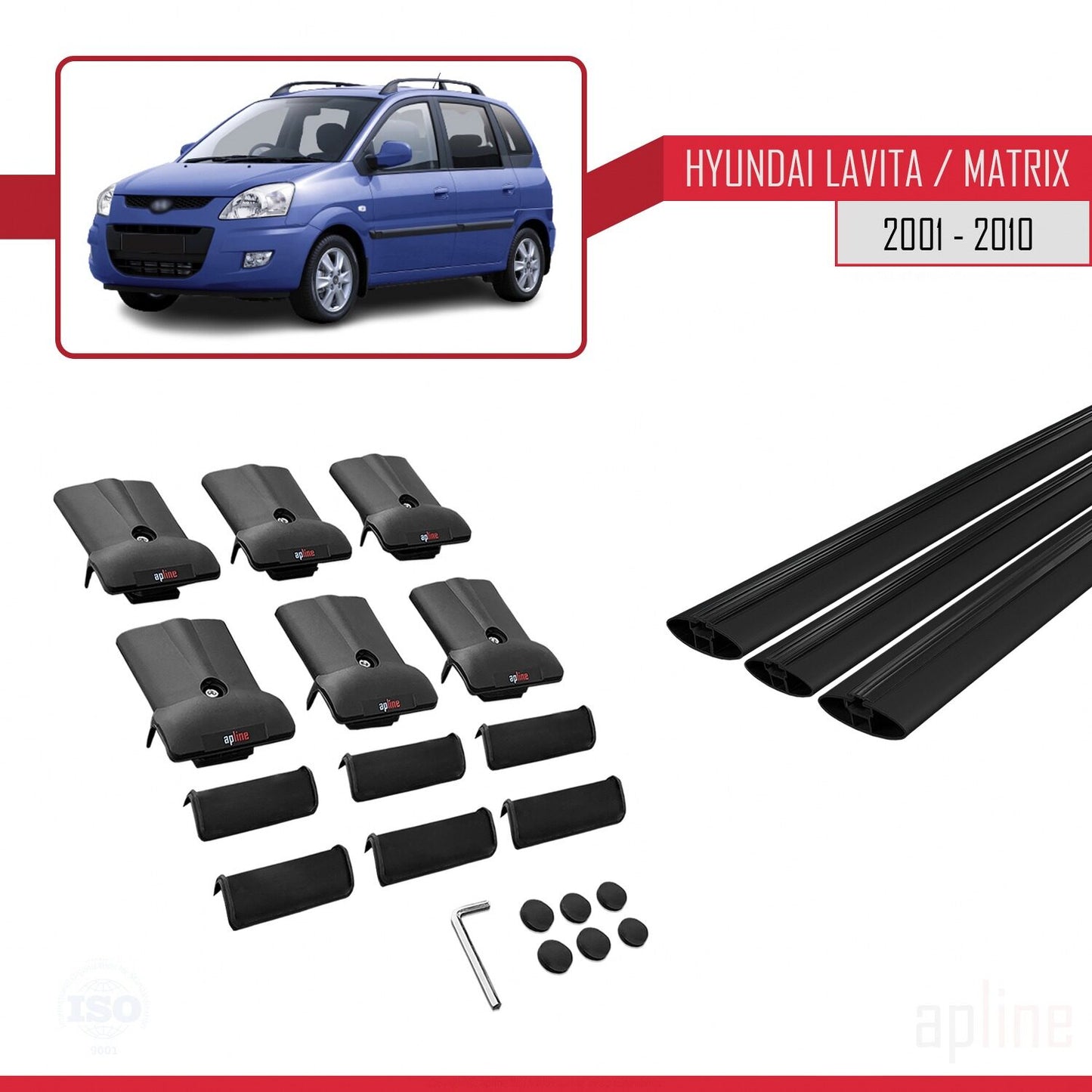Compatible with Hyundai Matrix (FC) 2001-2010 FLY Model Car Roof Rack Cross Bar Black Aluminium 3 Bars
