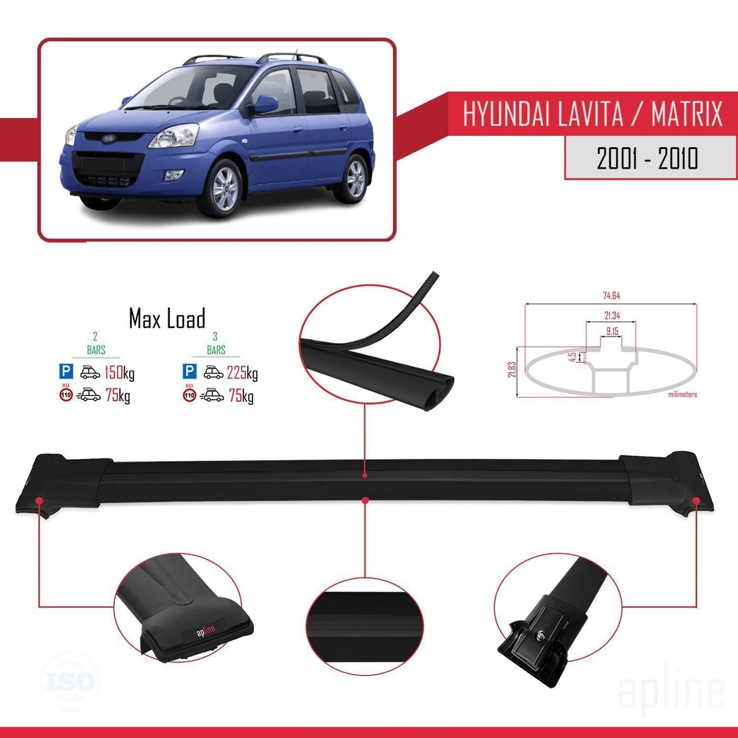 Compatible with Hyundai Matrix (FC) 2001-2010 FLY Model Car Roof Rack Cross Bar Black Aluminium 2 Bars