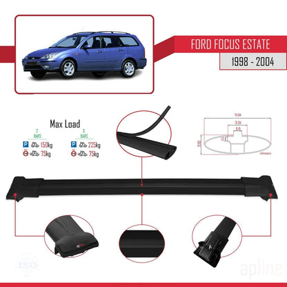 Compatible with Ford Focus (C170) SW 1998-2004 FLY Model Car Roof Rack Cross Bar Black Aluminium 2 Bars