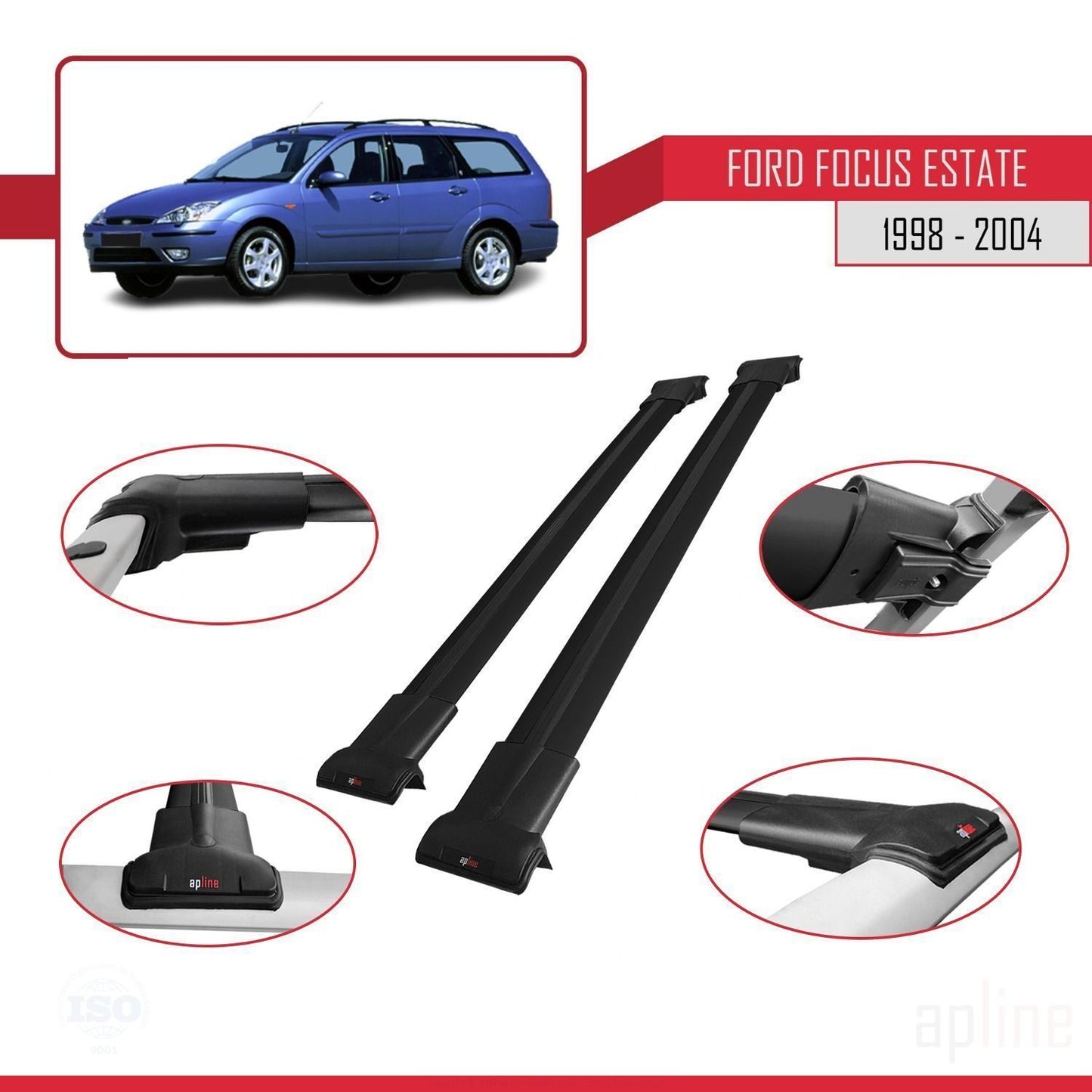 Compatible with Ford Focus (C170) SW 1998-2004 FLY Model Car Roof Rack Cross Bar Black Aluminium 2 Bars