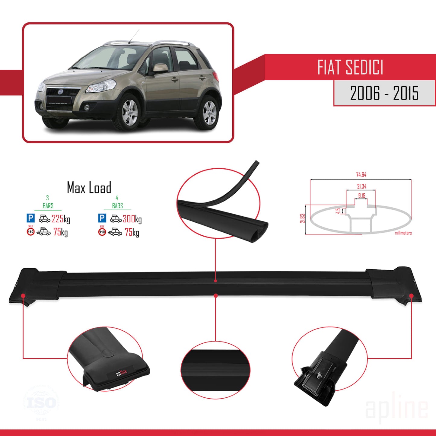 Compatible with Fiat Sedici 2006-2015 FLY Model Car Roof Rack Cross Bar Black Aluminium 3 Bars