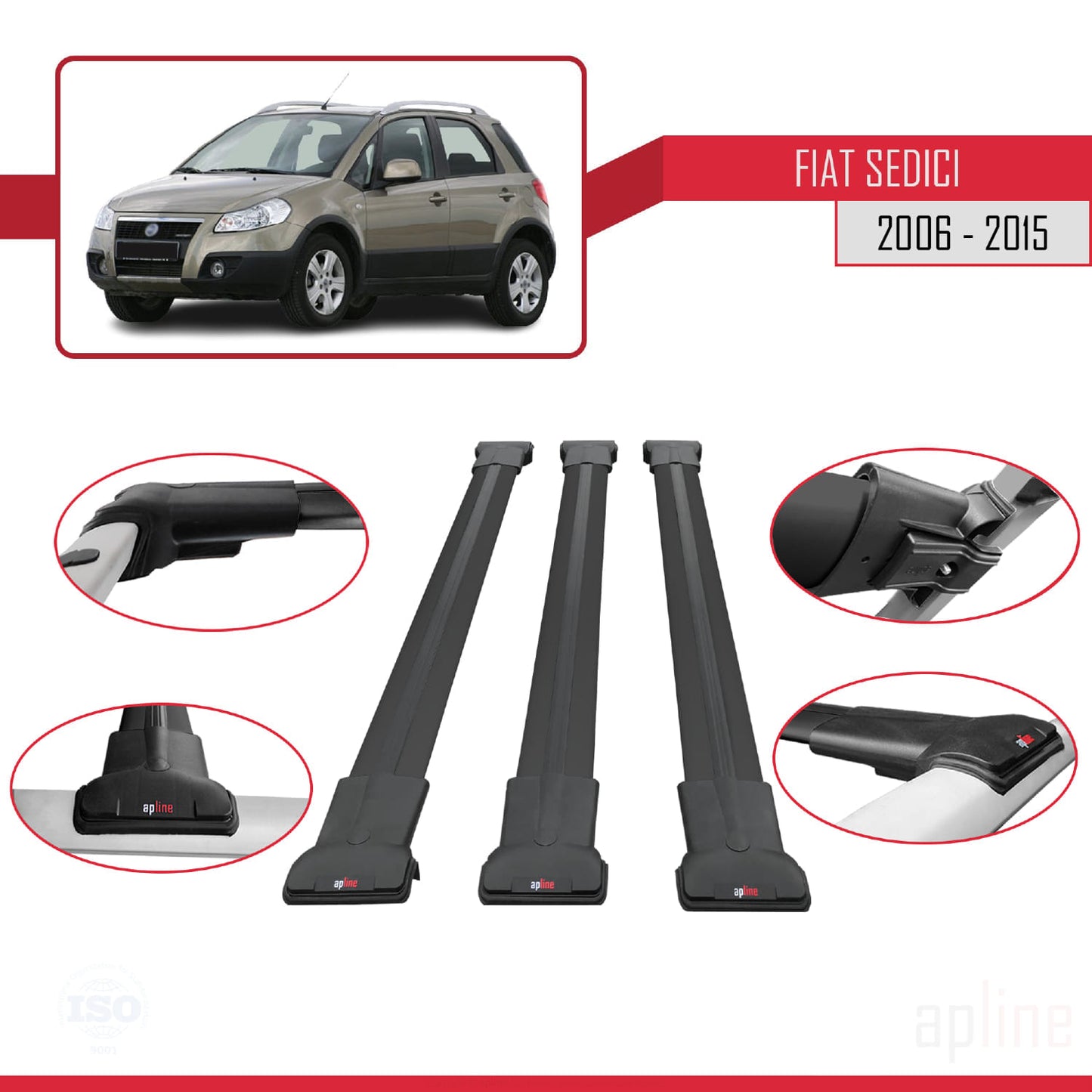 Compatible with Fiat Sedici 2006-2015 FLY Model Car Roof Rack Cross Bar Black Aluminium 3 Bars