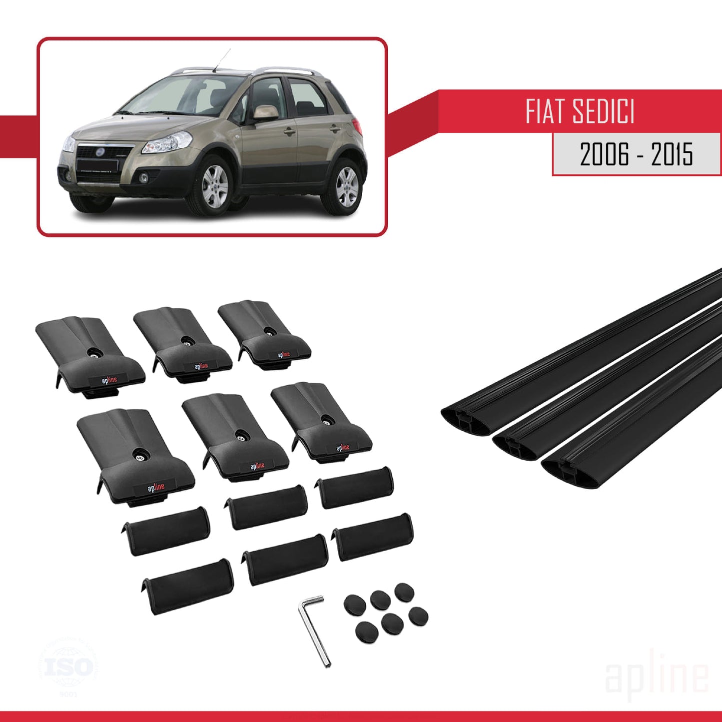 Compatible with Fiat Sedici 2006-2015 FLY Model Car Roof Rack Cross Bar Black Aluminium 3 Bars