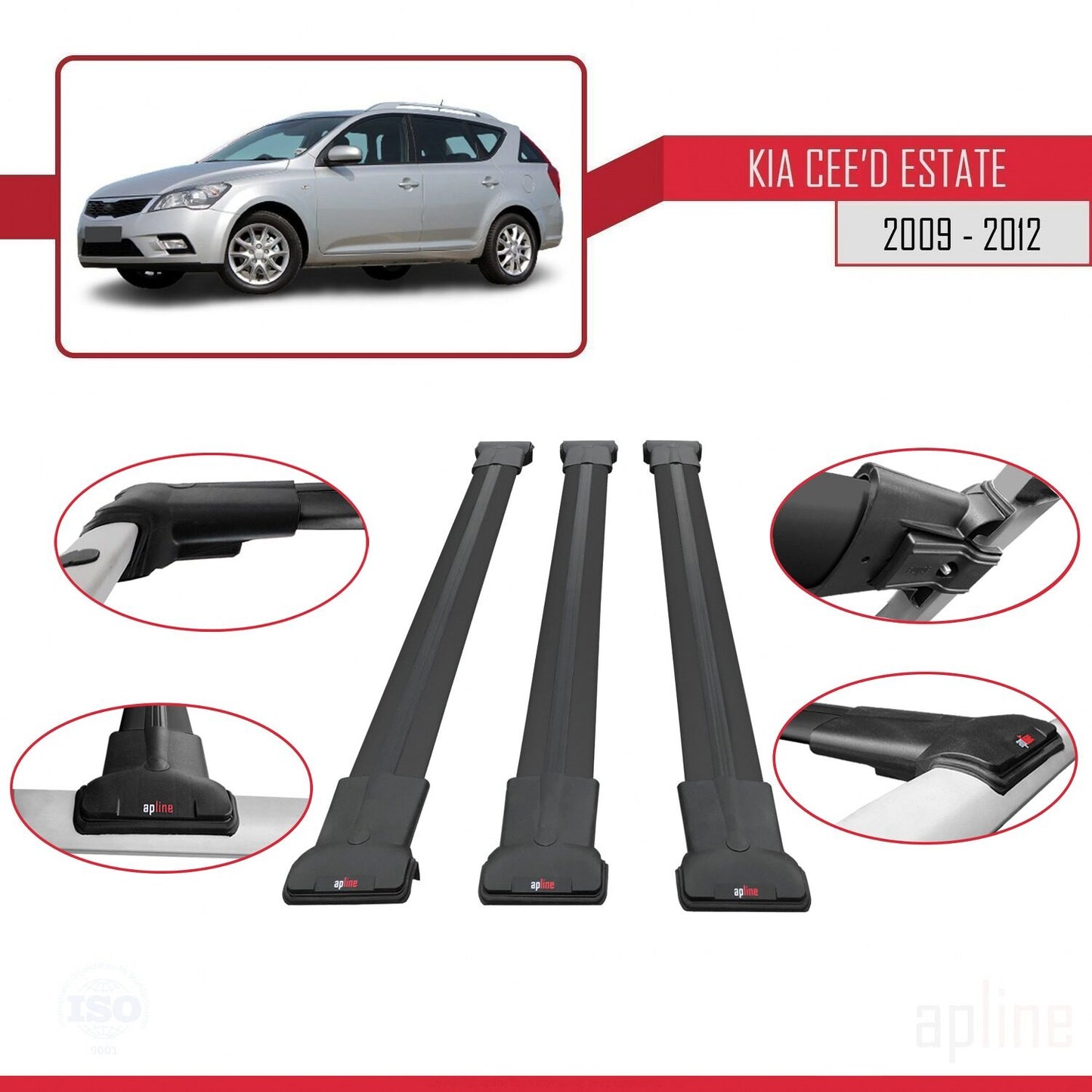 Compatible with Kia Ceed (ED) SW Post-Facelift 2009-2012 FLY Model Car Roof Rack Cross Bar Black Aluminium 3 Bars