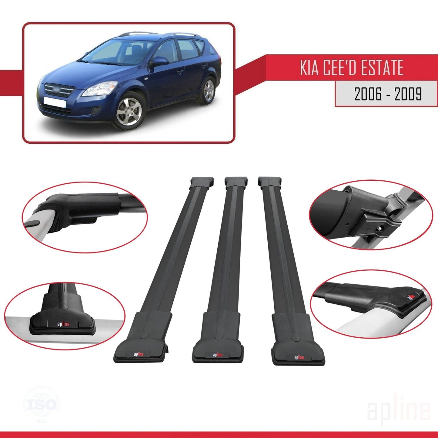 Compatible with Kia Ceed (ED) SW Pre-Facelift 2006-2009 FLY Model Car Roof Rack Cross Bar Black Aluminium 3 Bars