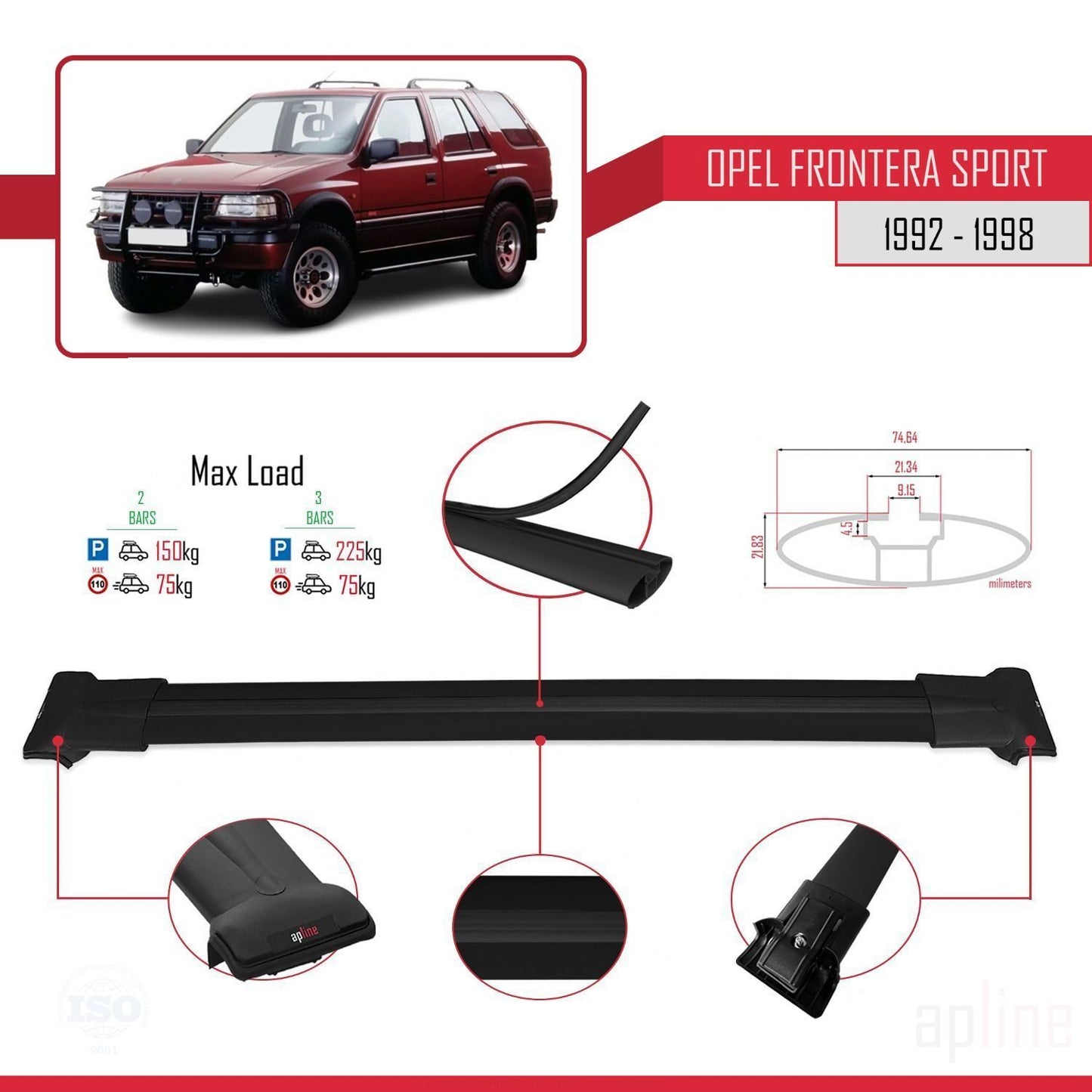 Compatible with Opel Frontera Sport 1992-1998 FLY Model Car Roof Rack Cross Bar Black Aluminium 2 Bars