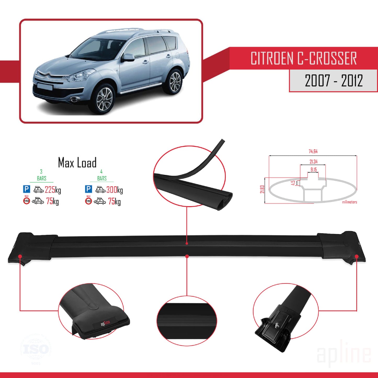 Compatible with Citroen C-Crosser 2007-2012 FLY Model Car Roof Rack Cross Bar Black Aluminium 3 Bars