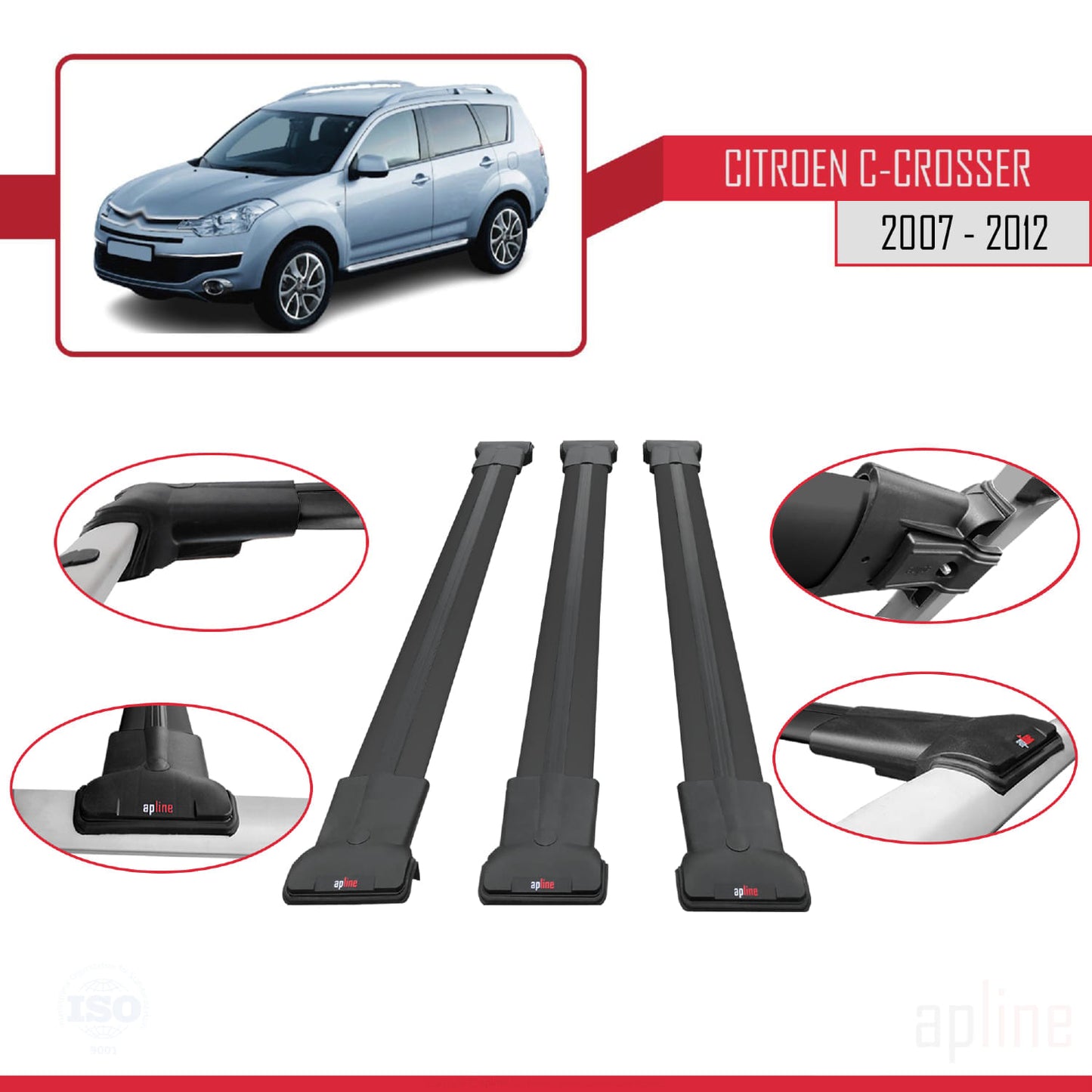 Compatible with Citroen C-Crosser 2007-2012 FLY Model Car Roof Rack Cross Bar Black Aluminium 3 Bars