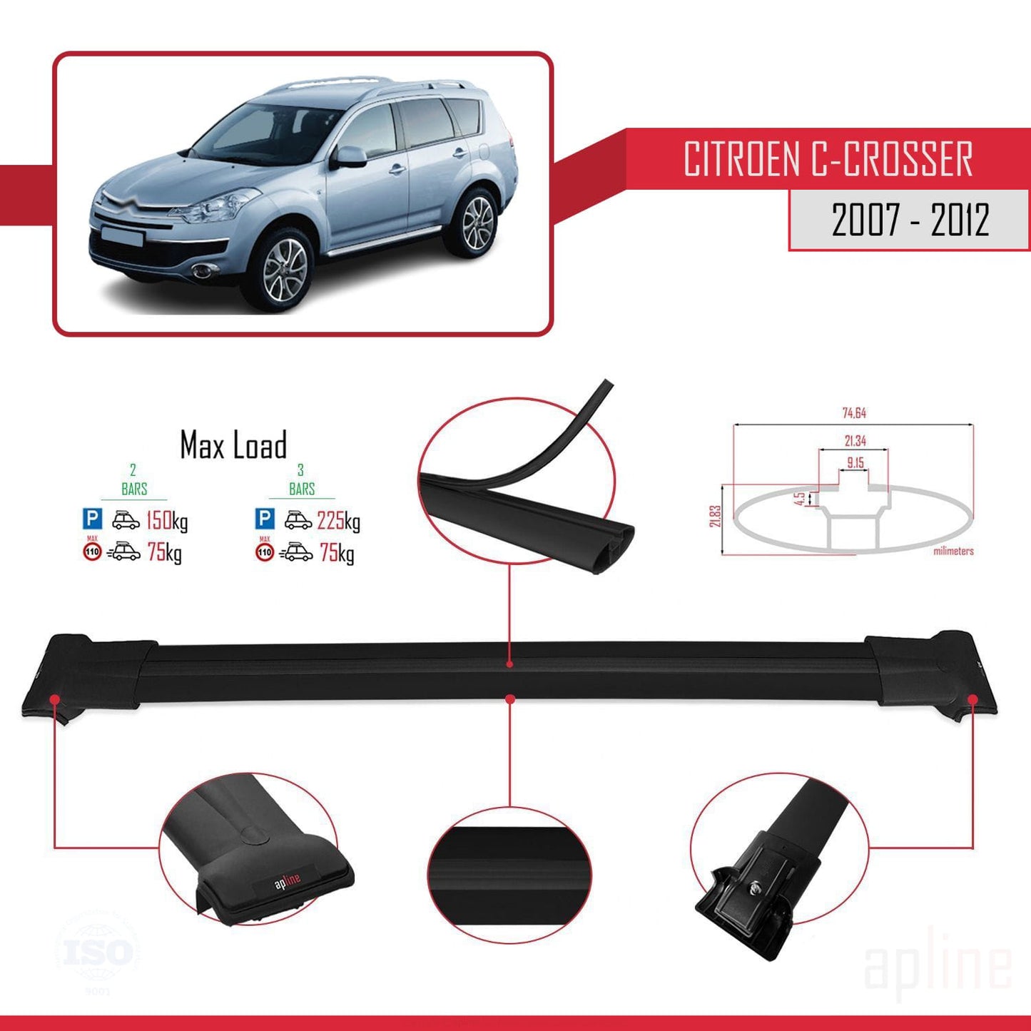 Compatible with Citroen C-Crosser 2007-2012 FLY Model Car Roof Rack Cross Bar Black Aluminium 2 Bars