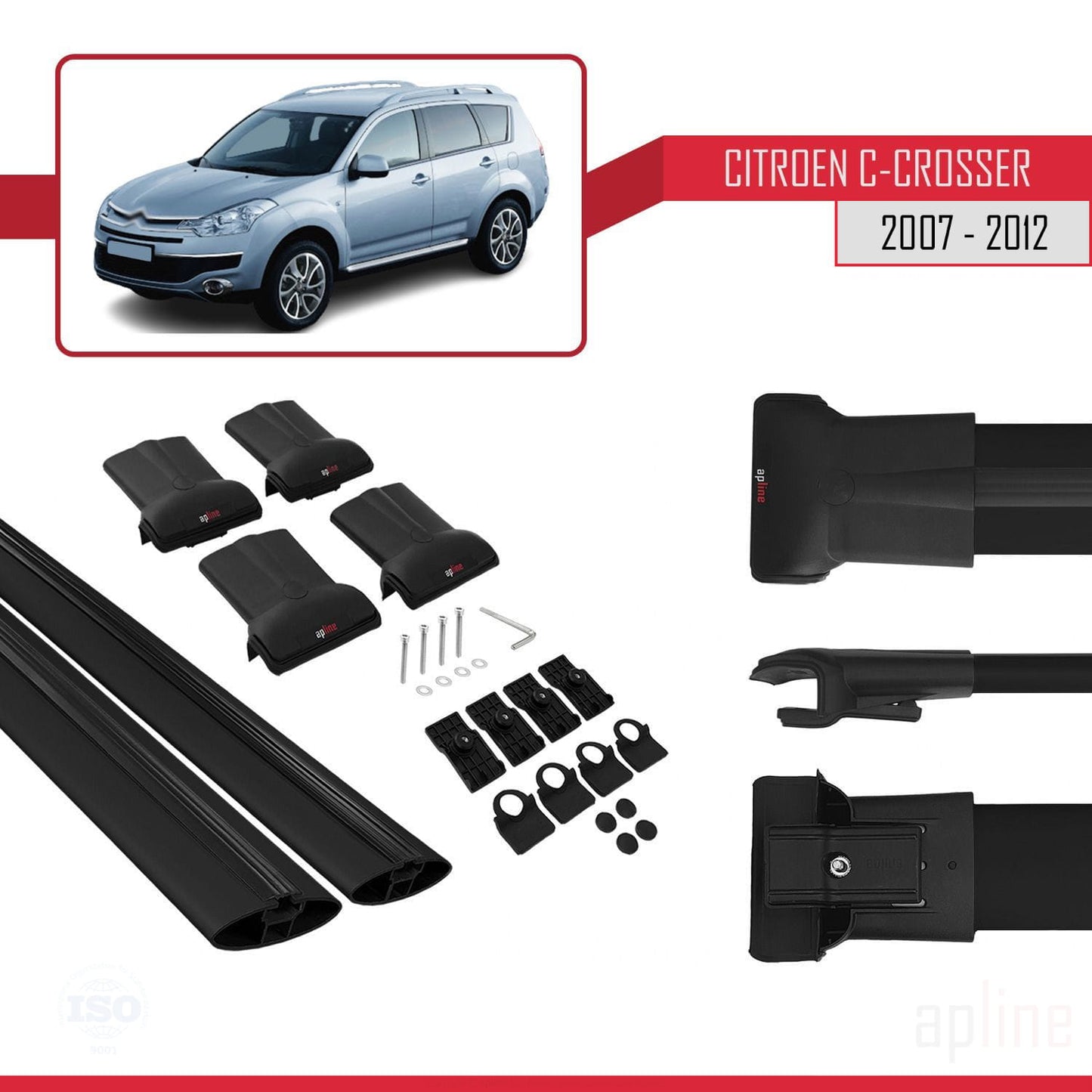 Compatible with Citroen C-Crosser 2007-2012 FLY Model Car Roof Rack Cross Bar Black Aluminium 2 Bars