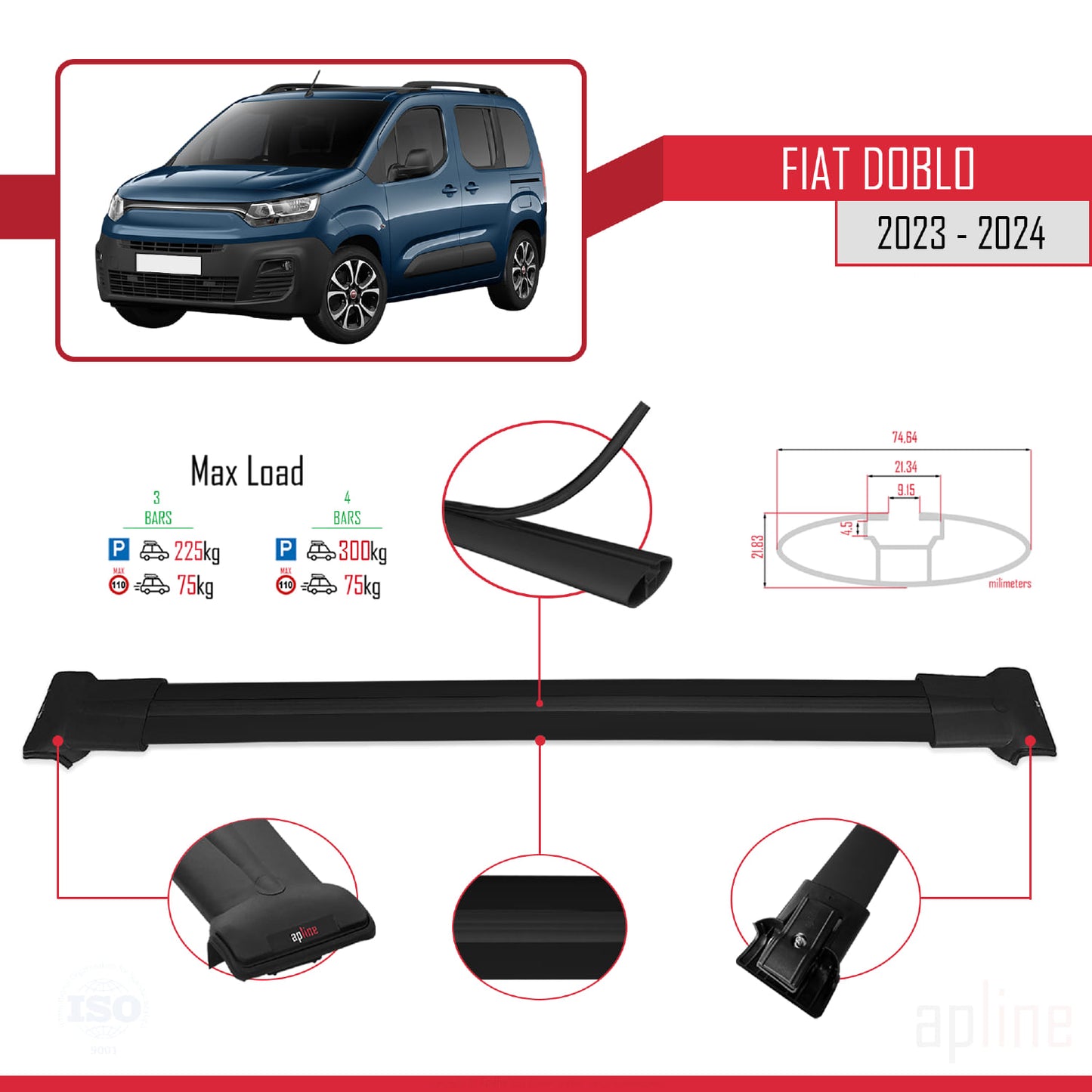 Compatible with Fiat Doblo 3 2023-2024 FLY Model Car Roof Rack Cross Bar Black Aluminium 4 Bars